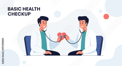 Two doctors examining a heart with a stethoscope, symbolizing health checkup and care