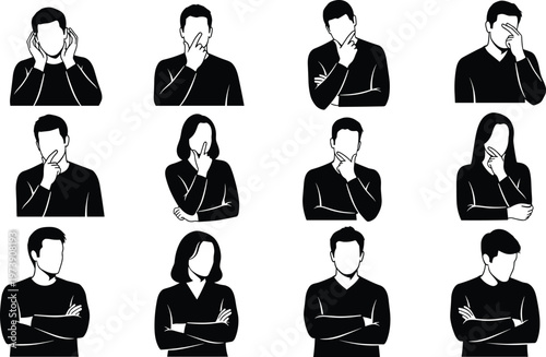Thinking posture silhouettes, contemplative gesture icons, decision-making illustration, concentration artwork, professional body language design, reflective figure symbols