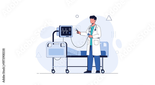 Doctor examining patient monitor next to hospital bed, medical illustration