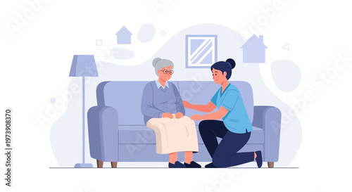 Caregiver comforting elderly woman on sofa, home care, support, compassion