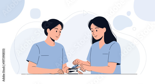 Nurse checks patient's oxygen saturation with pulse oximeter, medical illustration