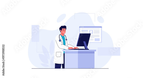 Doctor working on computer, medical technology, healthcare concept, flat illustration