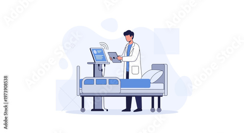 Doctor using tablet and laptop next to hospital bed, modern healthcare technology concept