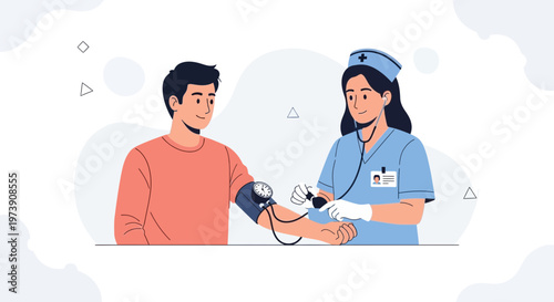 Nurse measures blood pressure of a smiling man, medical checkup, healthcare concept