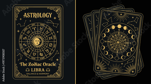 Two golden astrology tarot cards on a black background with zodiac symbols and moon phases.