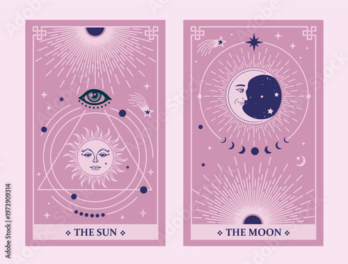 Two pink tarot cards with celestial symbols and phases on a light pink background, featuring the sun and moon.