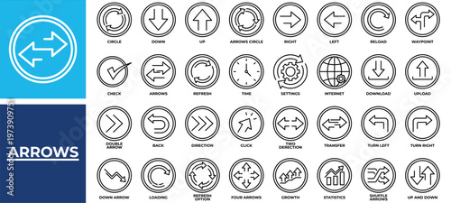 Arrows icon set collection. Containing statistics, trust, index, transfer, arrows, progress, depressed .Line vector icons collection