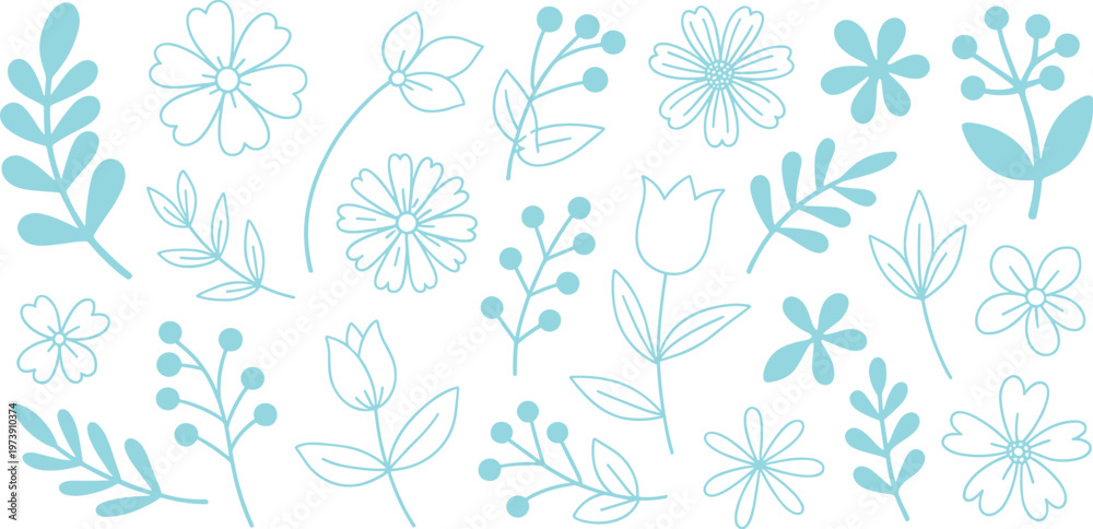 Fototapeta premium Light blue line art floral and leaf elements flower