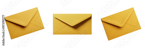 Three Elegant Golden Yellow Envelopes on White Background - Horizontal Trio of Premium Textured Stationery for Luxury Invitations, Festive Greeting Cards, and Corporate Branding