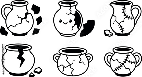 Black and white cracked broken pottery jars with repair stitches vector art
