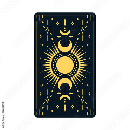 Illustration of a tarot card featuring the sun and moon phases in gold on a black background with geometric patterns.