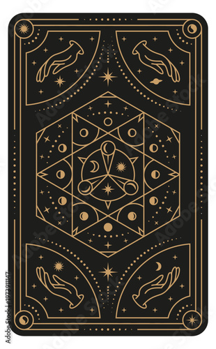 Close-up of a black and gold tarot card with a geometric design and celestial symbols on a white background.