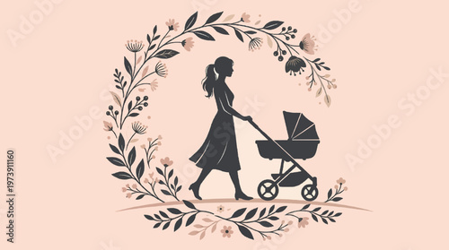Silhouette of a mother walking with a baby stroller framed by an elegant floral wreath design