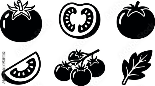Black and white tomato fruit slices and leaves vector art set