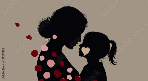 Black silhouette of a mother and her young daughter sharing a tender moment with floating petals