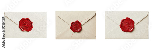 Elegant Cream Envelopes Sealed with Red Wax Stamp Isolated on White Background, Vintage Invitation Set for Luxury Weddings, Antique Style Correspondence, and Royal Greeting Cards.
