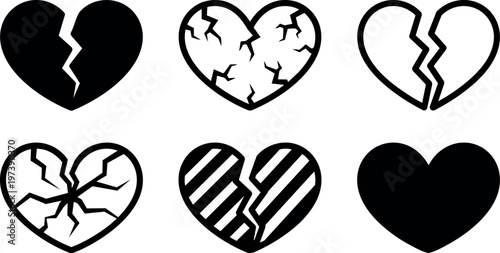 Black and white cracked and whole heart shapes vector icons set