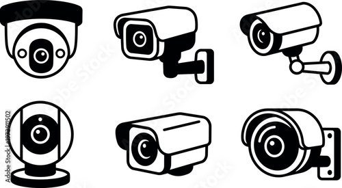 Black and white vector icons of six different security cameras and surveillance devices