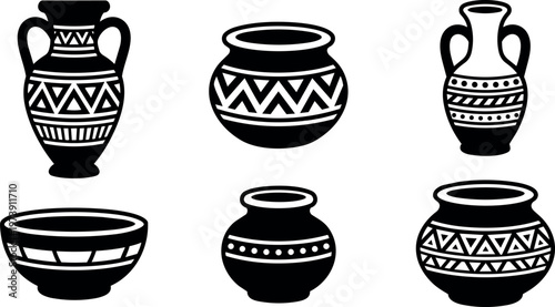 Black and white ancient pottery vase and bowl collection vector art with geometric patterns