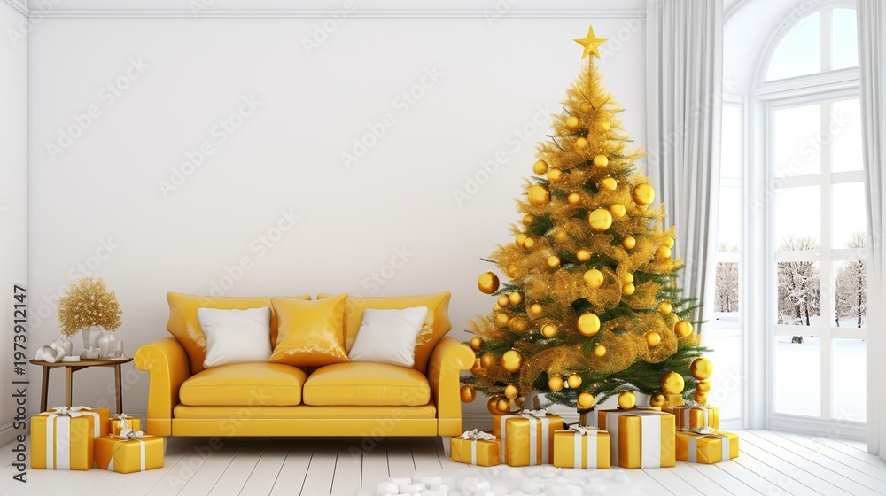 Fototapeta premium Luxurious Bright Living Room Decor With Golden Christmas Tree And Yellow Sofa