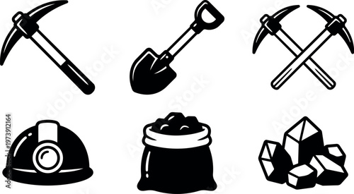 Black and white mining tools helmet pickaxe shovel coal sack and crystals vector art