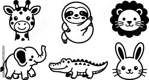 Cute black and white line art giraffe sloth lion elephant crocodile and rabbit faces