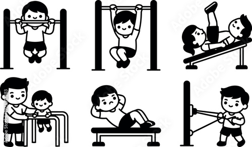 Kids doing physical exercises on gym equipment