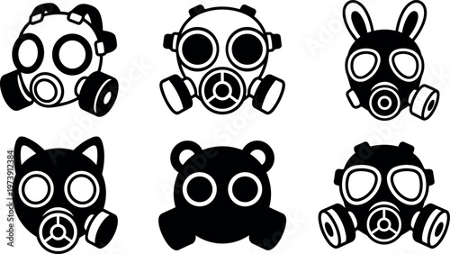 Black and white animal shaped gas mask icons set vector art