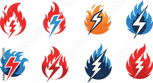 Fire and Lightning Logo Set – Energy Power Flame Electric Bolt Brand Icons Collection