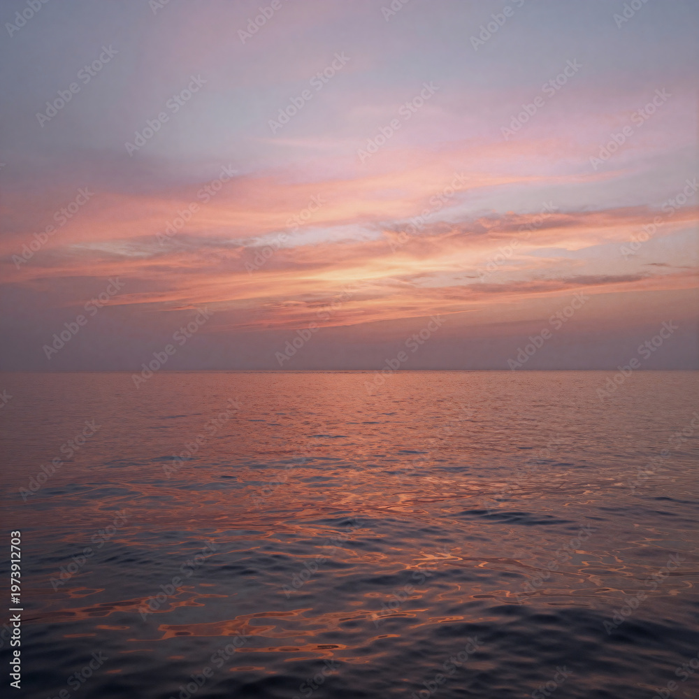 Fototapeta premium Impressionist Ocean Orange. Calm Ocean Waters With Vibrant Sunrise And Clouds, Perfect For Captions Or Text