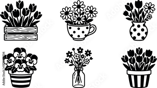 Black and white line art floral arrangements in pots and jars with tulips daisies and pansies