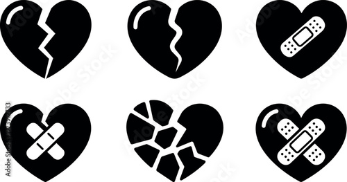 Black broken heart icons with cracks and bandages vector art