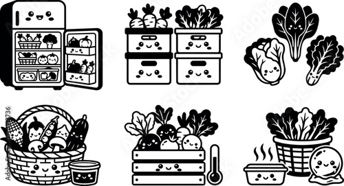 Black and white cute vegetables in fridge basket and boxes with smiling faces vector art
