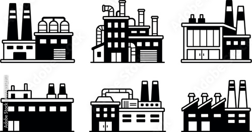 Black and white factory buildings with chimneys set of six vector art icons
