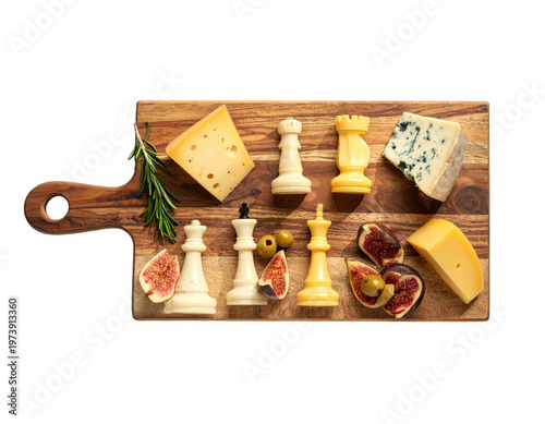 Cheese board arrangement with chess pieces, fruit and greenery