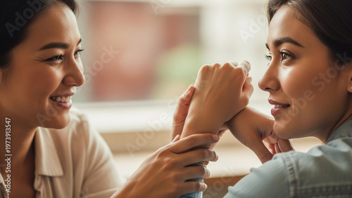Two women holding hands, smiling, and looking at each other with affection and care.