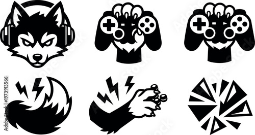 Black and white husky with headphones gamer paw with controller and electric claw vector art