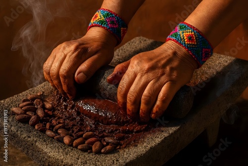 Hands using stone metate to grind roasted cacao beans manually