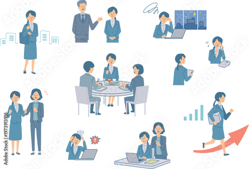 働く女性新入社員のイラストセット