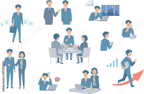 働く男性新入社員のイラストセット