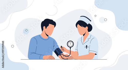 Nurse checking patient's blood pressure with sphygmomanometer, medical checkup illustration
