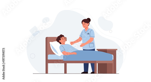 Nurse Caring for Patient in Hospital Bed, Healthcare Illustration