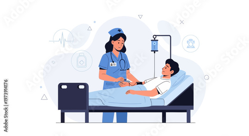 Nurse Caring for Patient in Hospital Bed with IV Drip, Medical Care Concept