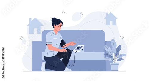 Nurse checking blood pressure at home, healthcare concept, medical check-up