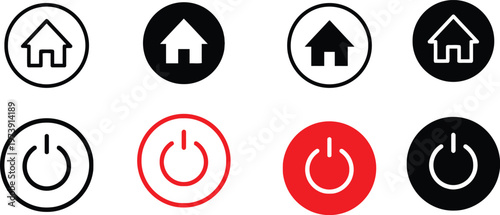 Icon set house and power buttons in various colors and inversions