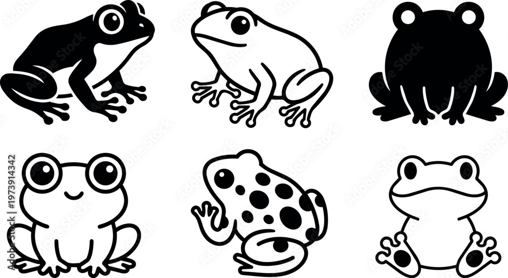 Obraz premium Black and white cartoon frog icons set with varied poses and expressions