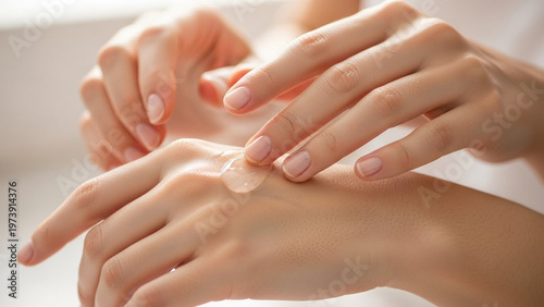 Woman's hands applying moisturizing cream: close-up of female hands with soft skin, applying a clear, light-beige lotion to hydrate skin, nail care routine