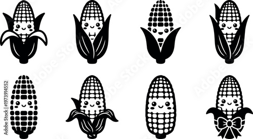 Black and white cartoon corn cobs with smiling faces and varied husks vector art