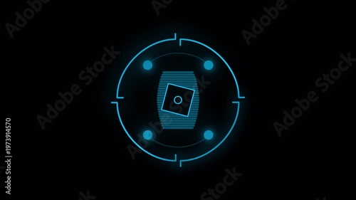 Futuristic Data Core HUD Animation with Circular Network Nodes, Digital System Interface Loop