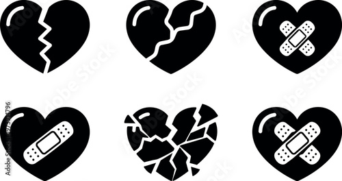 Black and white cracked and bandaged broken heart icons set vector art